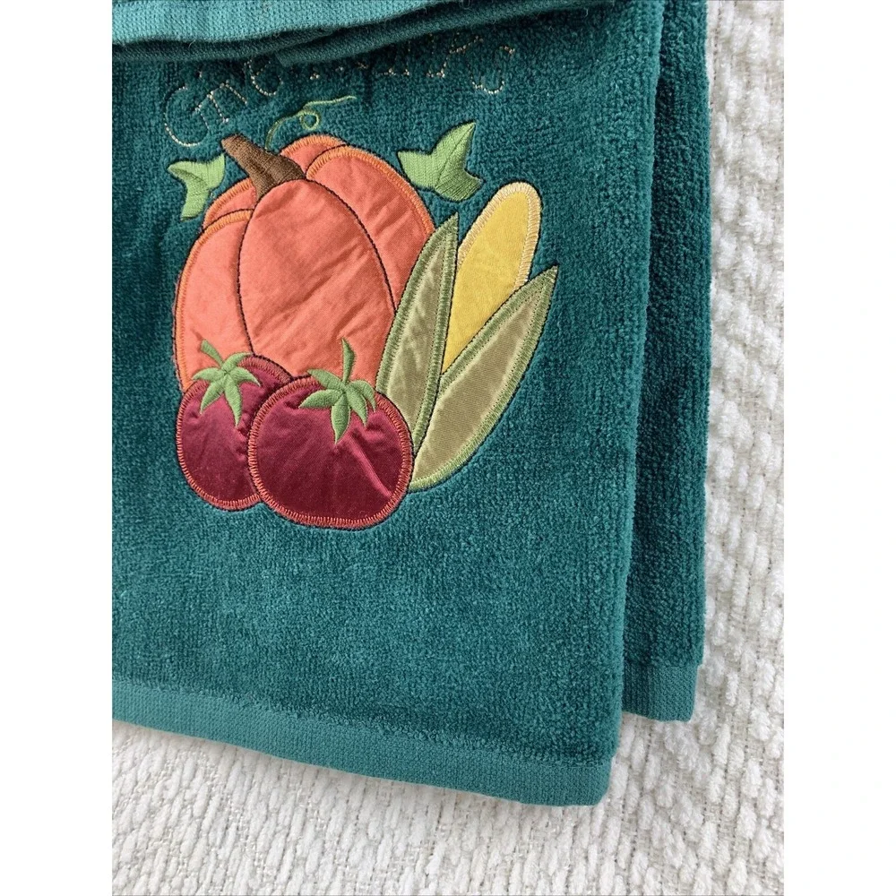 Thanksgiving Decorator Green Bath Room Hand Towels Set Fall‎ Pumpkin Embroidered
